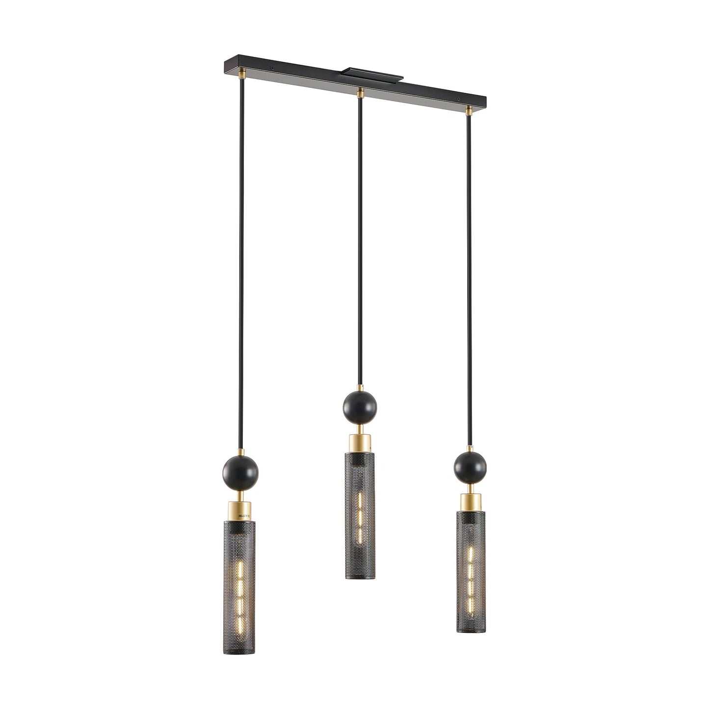 Chandelier 3-Light Black Gold Pendant Cylindrical Mesh Shades 25 In