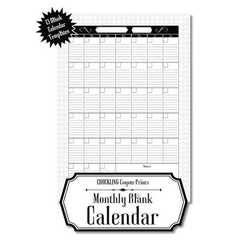 Monthly Blank Calendar: 8.5x11 Undated Calendar Fillable Templates for Office, School or Home, Sun-Sat, Pages For Notes And To-Do Agenda - Paperback