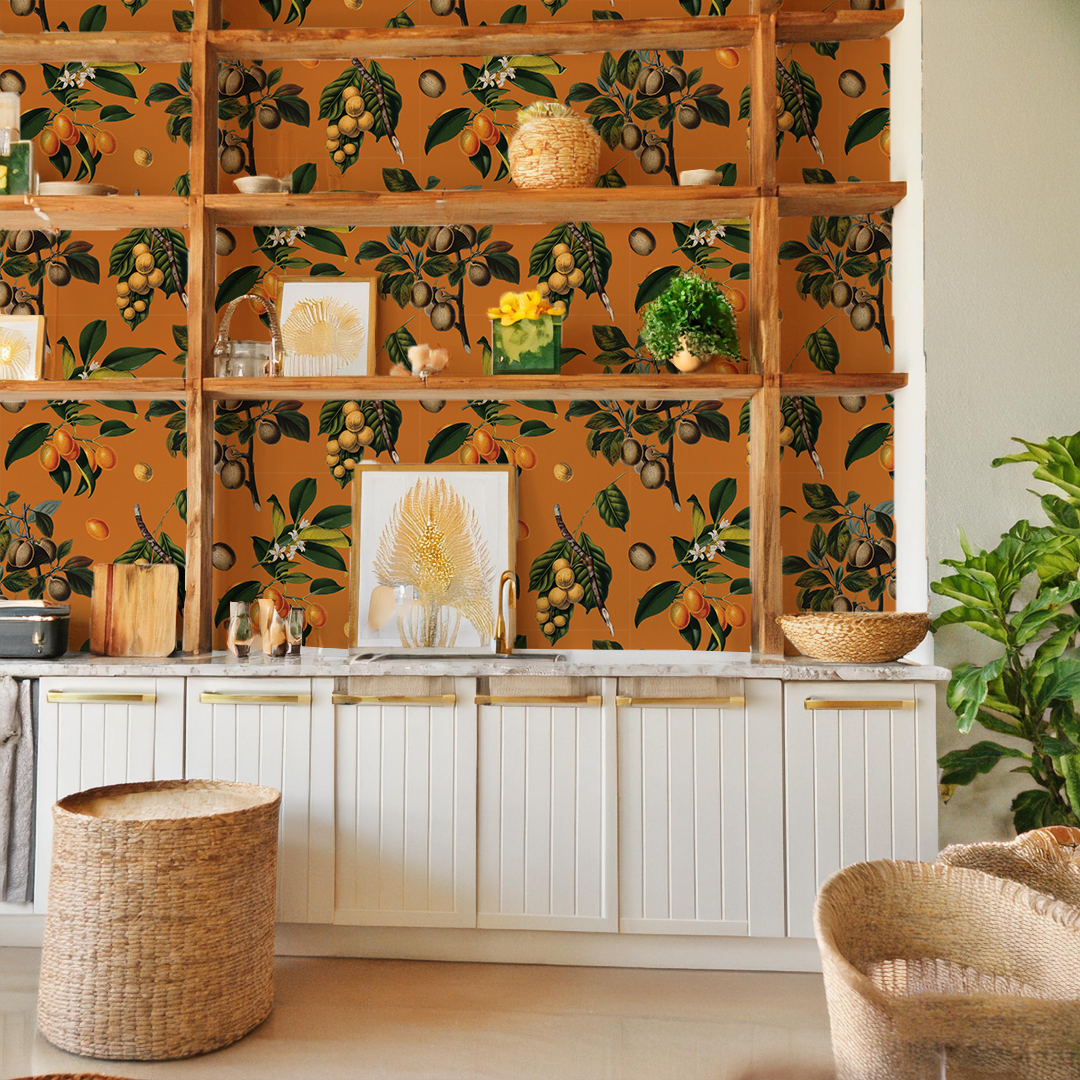 Vintage Orchard Wallpaper, orange