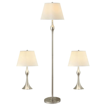 3-Piece Lamp Set – Brushed Nickel & Beige Faux Silk Empire Shades | Floor Lamp + 2 Table Lamps