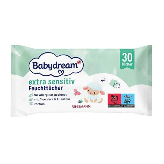Babydream Aloe Vera Baby Wipes for Sensitive Skin - 30 Count, Vegan & Dermatologically Tested