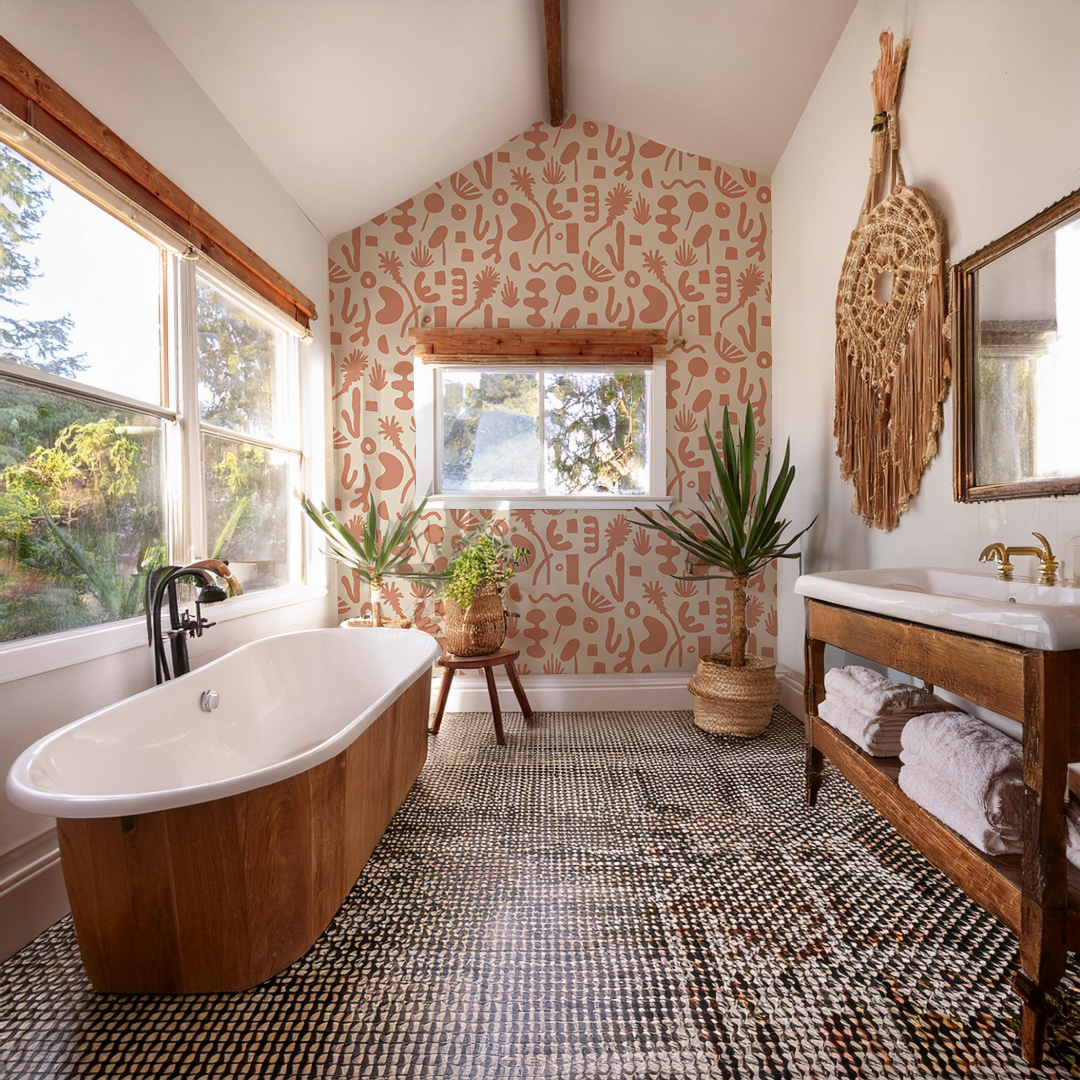 Pool Side Wallpaper, tan and terra cotta