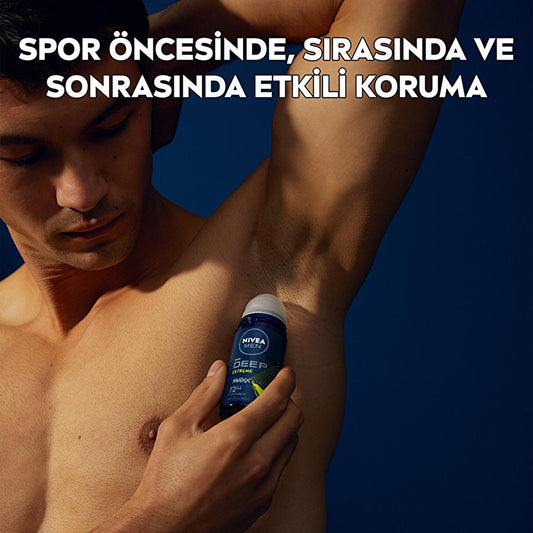 Nivea Men Deep Extreme Roll-on Deodorant for Active Men - Long Lasting Anti-Perspirant Protection, 72 Hours Sweat Control, Active Carbon Formula