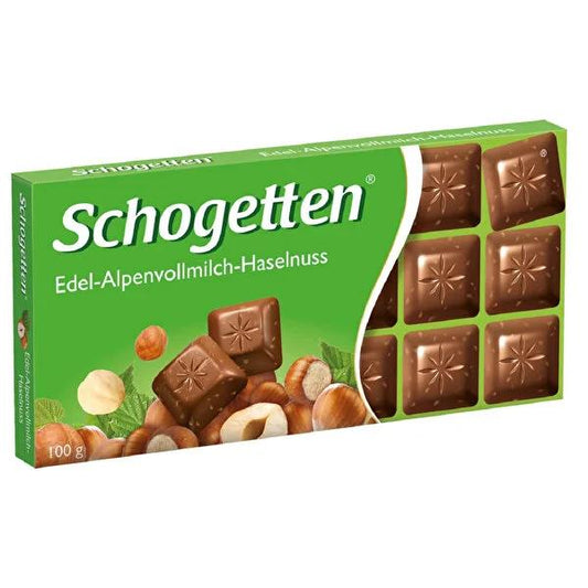 Schogetten Alpine Milk Chocolate Hazelnut Bar - Delicious German Chocolate Candy, Breakable Pieces, Creamy & Crunchy 100g Treat