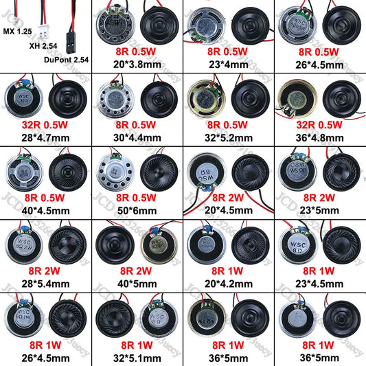 2-Pack Ultra-Thin Mini Speakers 8Ω & 32Ω | 0.5–2W | Multiple Diameters 20–50 mm (0.79–1.97 in) | MX/XH DuPont 1.25/2.54mm Terminal