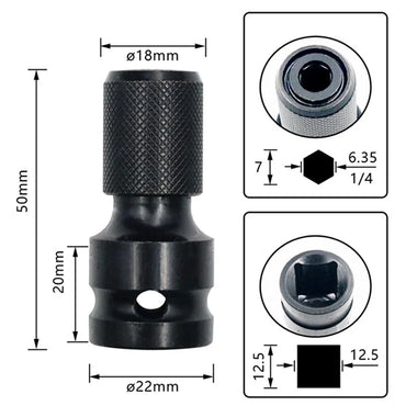 Quick-Release 1/2-Inch (12.7 mm) Square-to-1/4-Inch (6.35 mm) Hex Socket Adapter for Impact & Ratchet Wrenches
