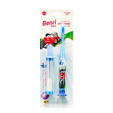 Benri Dent Children's Toothbrush with Soft Bristles & 2-Minute Sand Timer - Gentle on Teeth & Gums, Ergonomic Handle, Kid's Oral Care