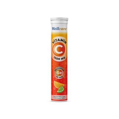 Wellcare Vitamin C Effervescent Tablets - 1000mg Vitamin C & 55mcg Selenium, Immune System Support, Orange Flavored