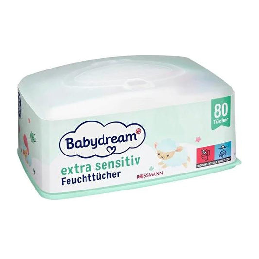 Babydream Baby Wet Wipes for Sensitive Skin - Aloe Vera, Vegan, 80 Count