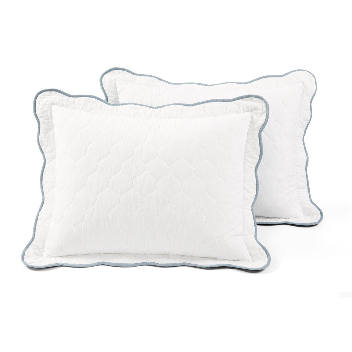 King/Cal King White Blue Scalloped Edge Reversible Thin Light Quilt Set
