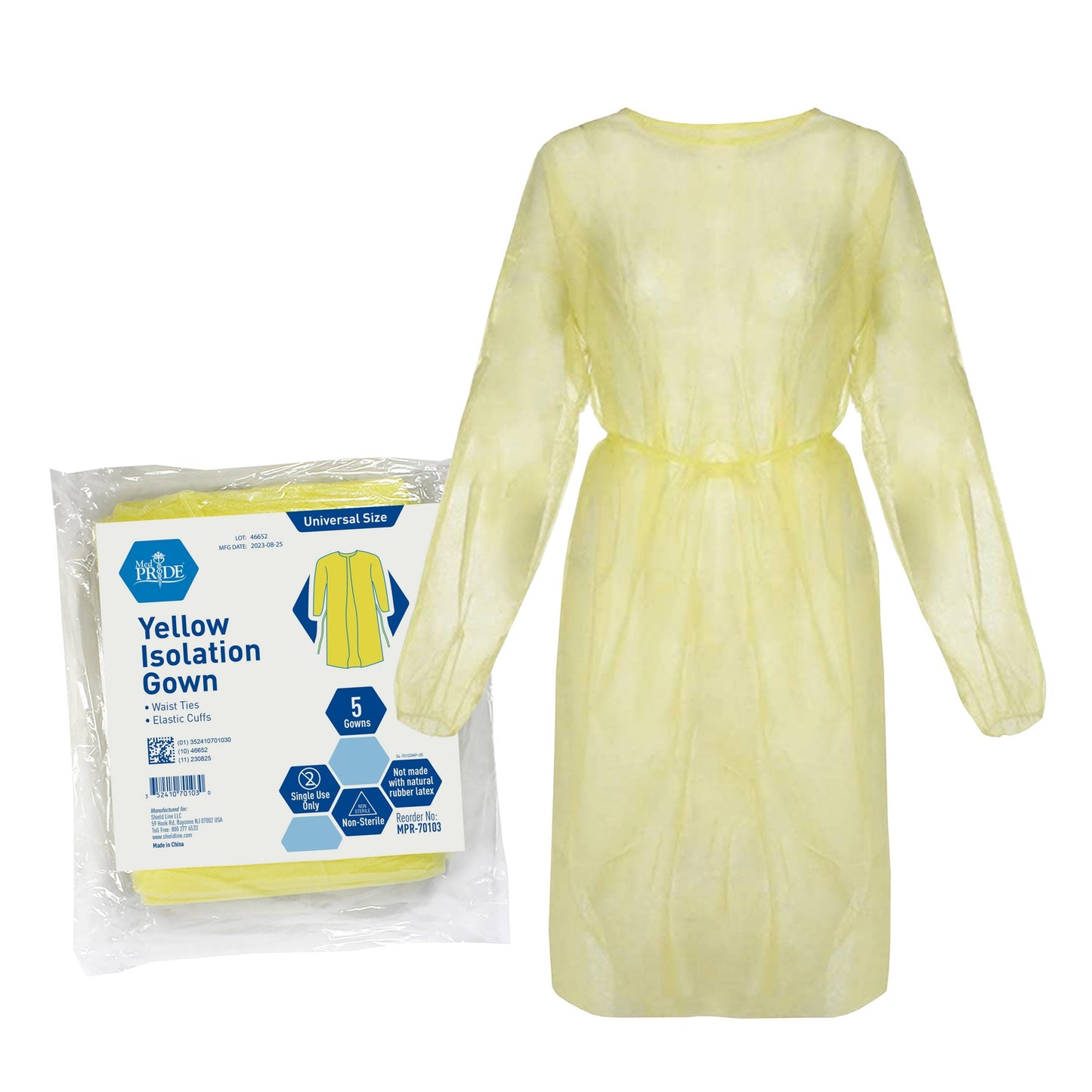 MedPride Standard Yellow Isolation Gown Universal Fit, Fluid Resistant - 5/Pack, Case of 10 (50 Count)