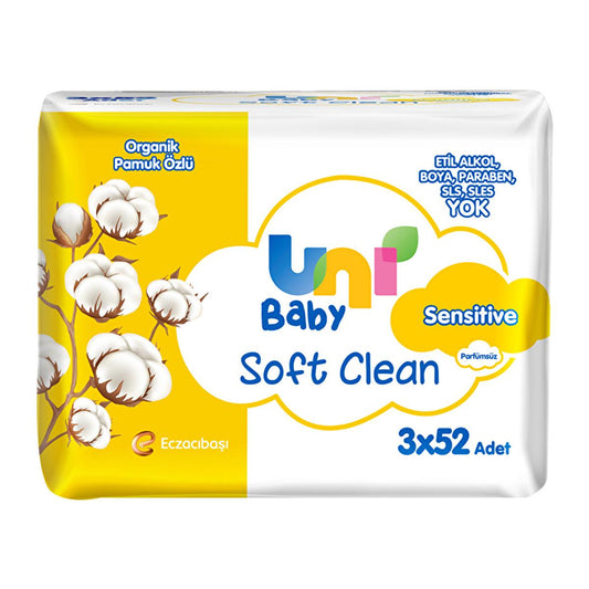 Uni Baby: Soft Clean Organic Cotton Sensitive Baby Wipes 3-Pack (156 Count) - Gentle, Hypoallergenic, Fragrance-Free Newborn Wipes