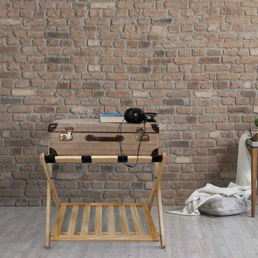Solid Wood Luggage Rack with Bottom Storage Shelf in Natural with Black Straps