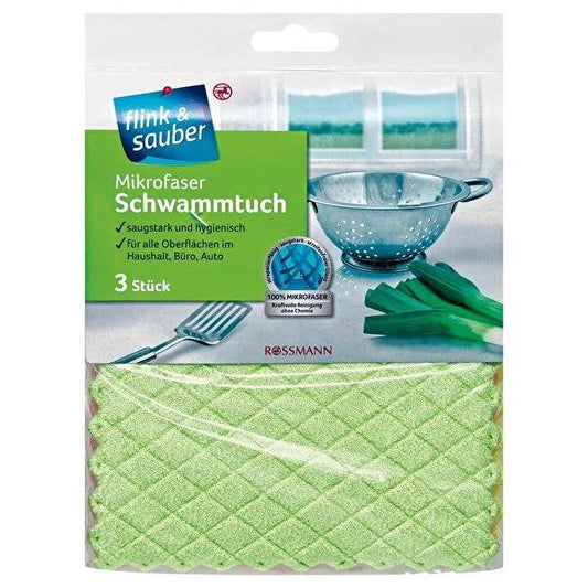 Flink & Sauber 3-Pack Microfiber Cleaning Sponge Cloth - Effective Multi-Surface Cleaning Tool, Machine Washable, 6.69 x 8.66 inches