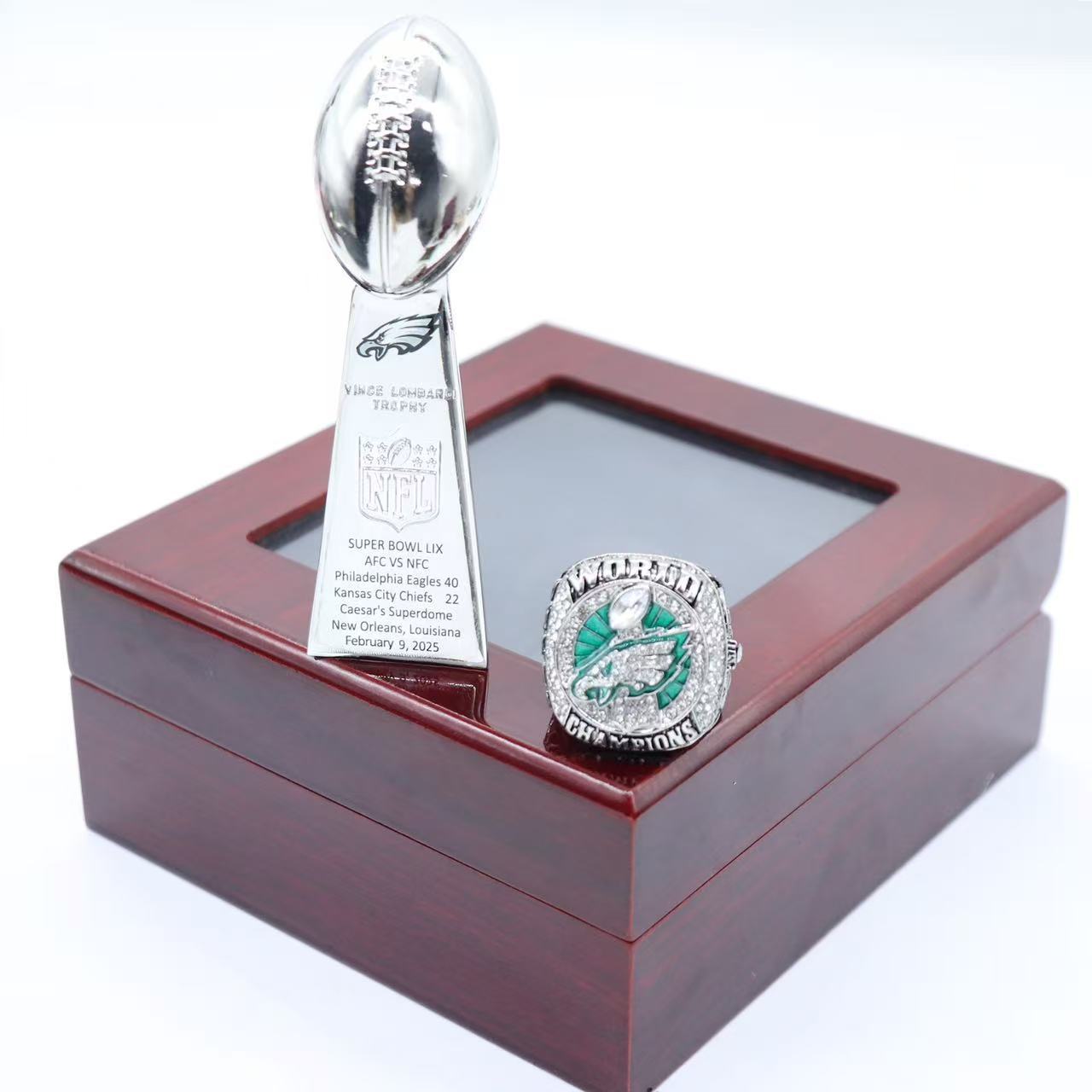 Philadelphia Eagles 2025 Championship Ring & Trophy Replica Set — Hurts (#1) or Barkley (#26) Edition