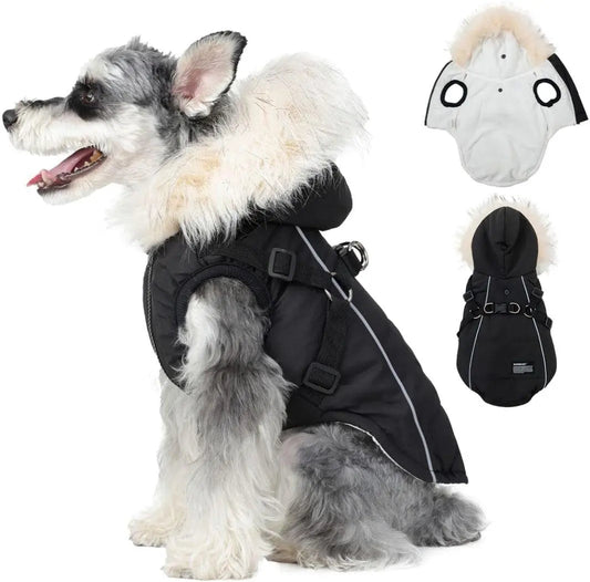 Waterproof Dog Coat Jacket with Faux Fur Hood & Reflective Strap