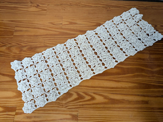 Crocheted Floral Motif Table Runner from Handmade - Linens (Cotton Thread Table Runner, Vintage, Farmhouse, Cottage, Cream/Off-White)