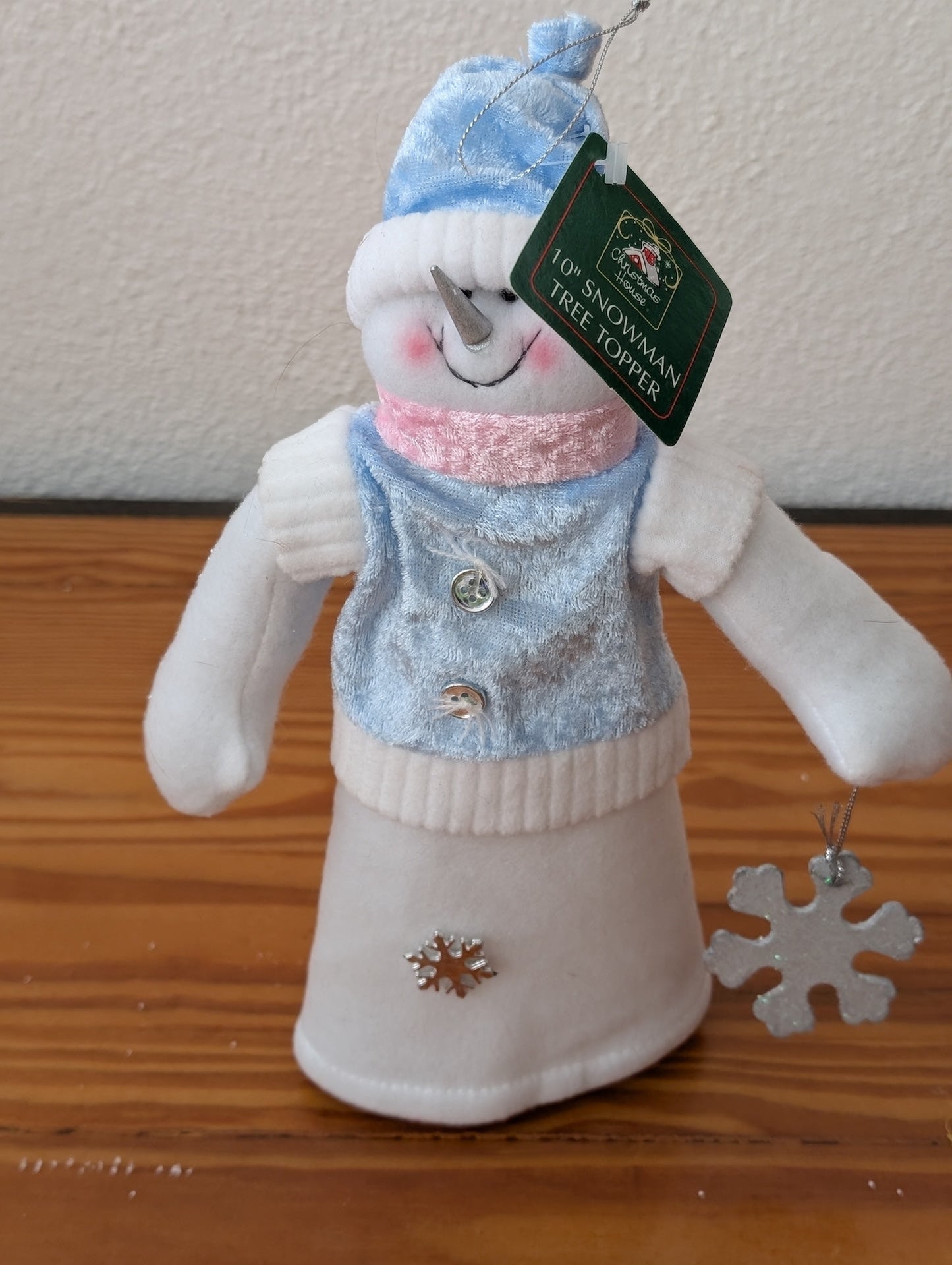10" Snowman Tree Topper from Christmas House - Holiday Decor (Fabric, Plush, Plastic Tree Topper, Whimsical, Traditional, White, Blue, Pink)