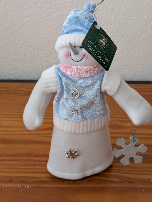 10" Snowman Tree Topper from Christmas House - Holiday Decor (Fabric, Plush, Plastic Tree Topper, Whimsical, Traditional, White, Blue, Pink)
