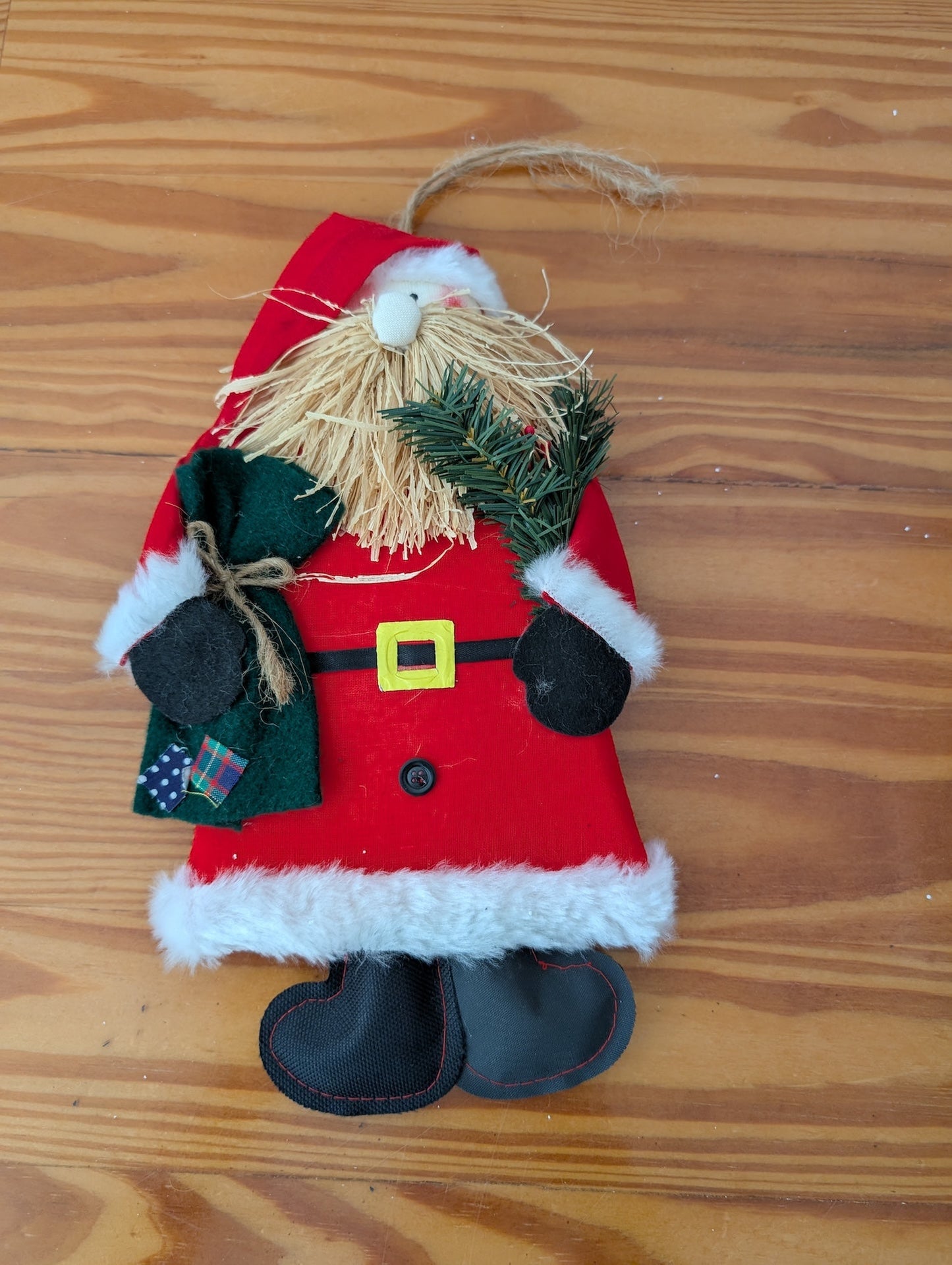 Plush Santa with Straw Beard from Unknown - Holiday Decor (Fabric, Faux Fur, Straw Ornament, Rustic, Handmade, Folk Art, Red, White, Black, Green)