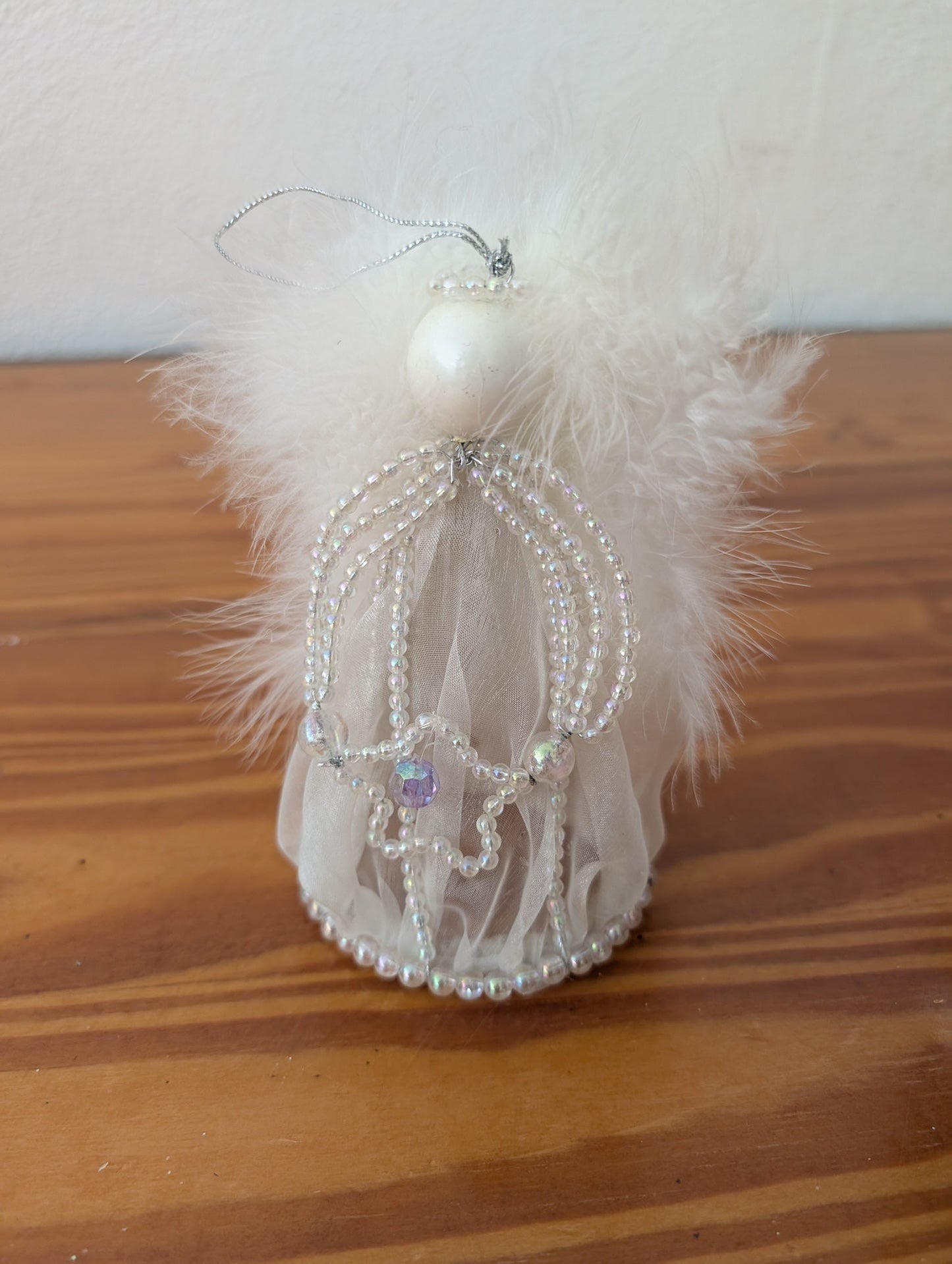 Feather and Bead Angel from Unknown - Holiday Decor (Feathers, Beads, Tulle, Plastic Ornament, Glam, Angelic, Whimsical, White, Iridescent)