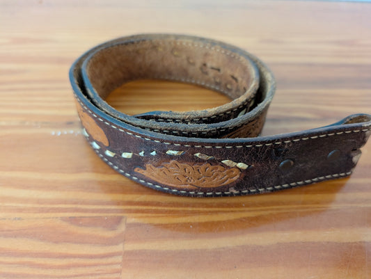 Tooled Leather Belt from Unknown - Apparel / Accessories (Leather Belt, Western, Country, Distressed, Brown, Cream)