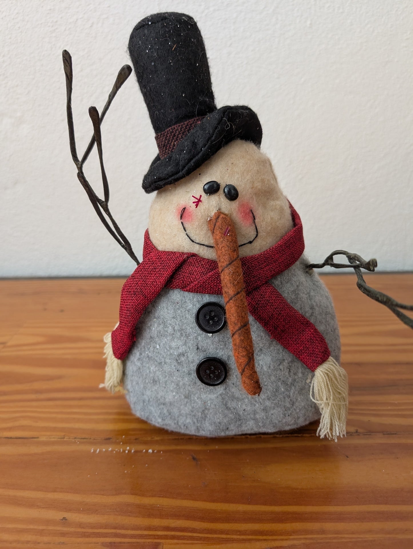 Rustic Felt Snowman from Unknown - Holiday Decor (Felt, Fabric, Wire, Plastic Plush Figurine, Rustic, Farmhouse, Christmas, Holiday, Gray, Red, Black, Beige)
