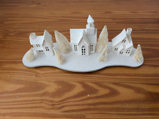 White Glitter Christmas Village from Unknown - Holiday Decor (Cardboard, Paper, Glitter, Plastic Decor, Traditional, Scandinavian, Minimalist, White)