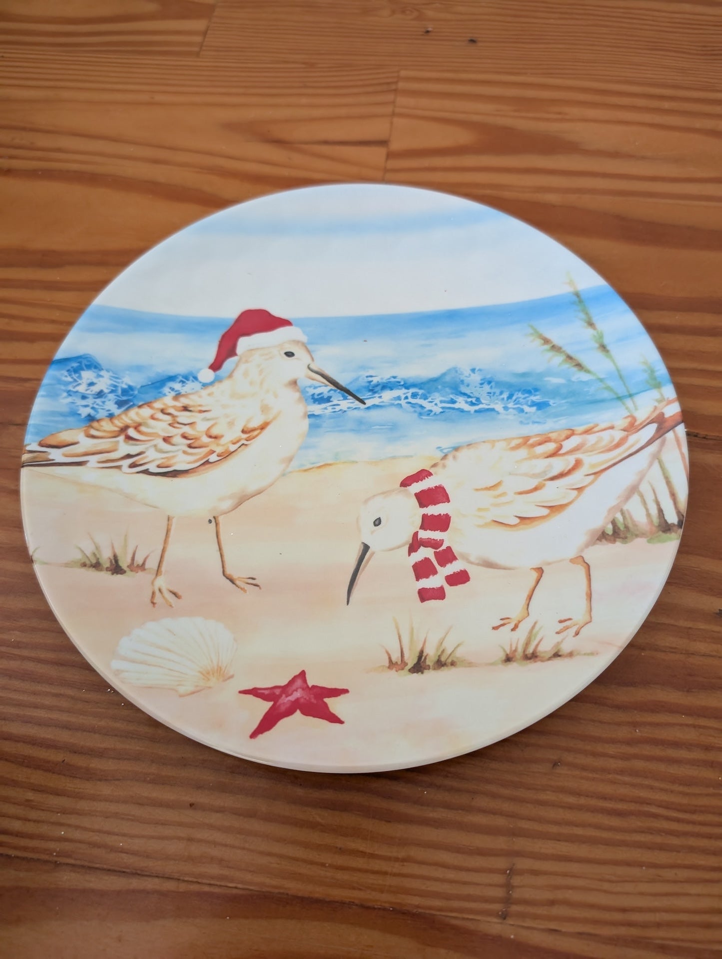 Coastal Christmas Sandpiper Plate from Unknown - Tabletop (Ceramic Tableware, Coastal, Beach, White, Blue, Beige, Red)