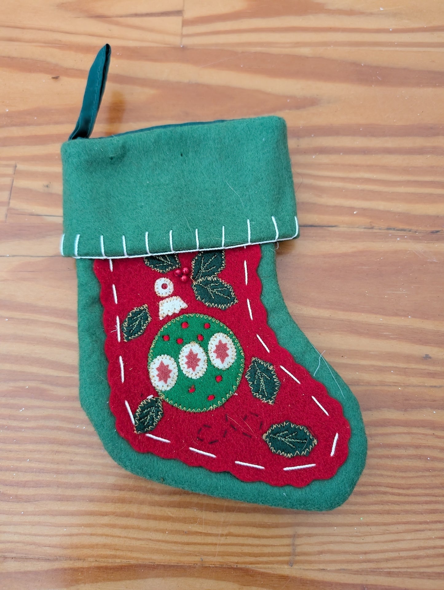 Mini Applique Felt Stocking from Unknown - Ornaments (Felt, Thread Decor / Ornament, Rustic, Craft, Green, Red, White)