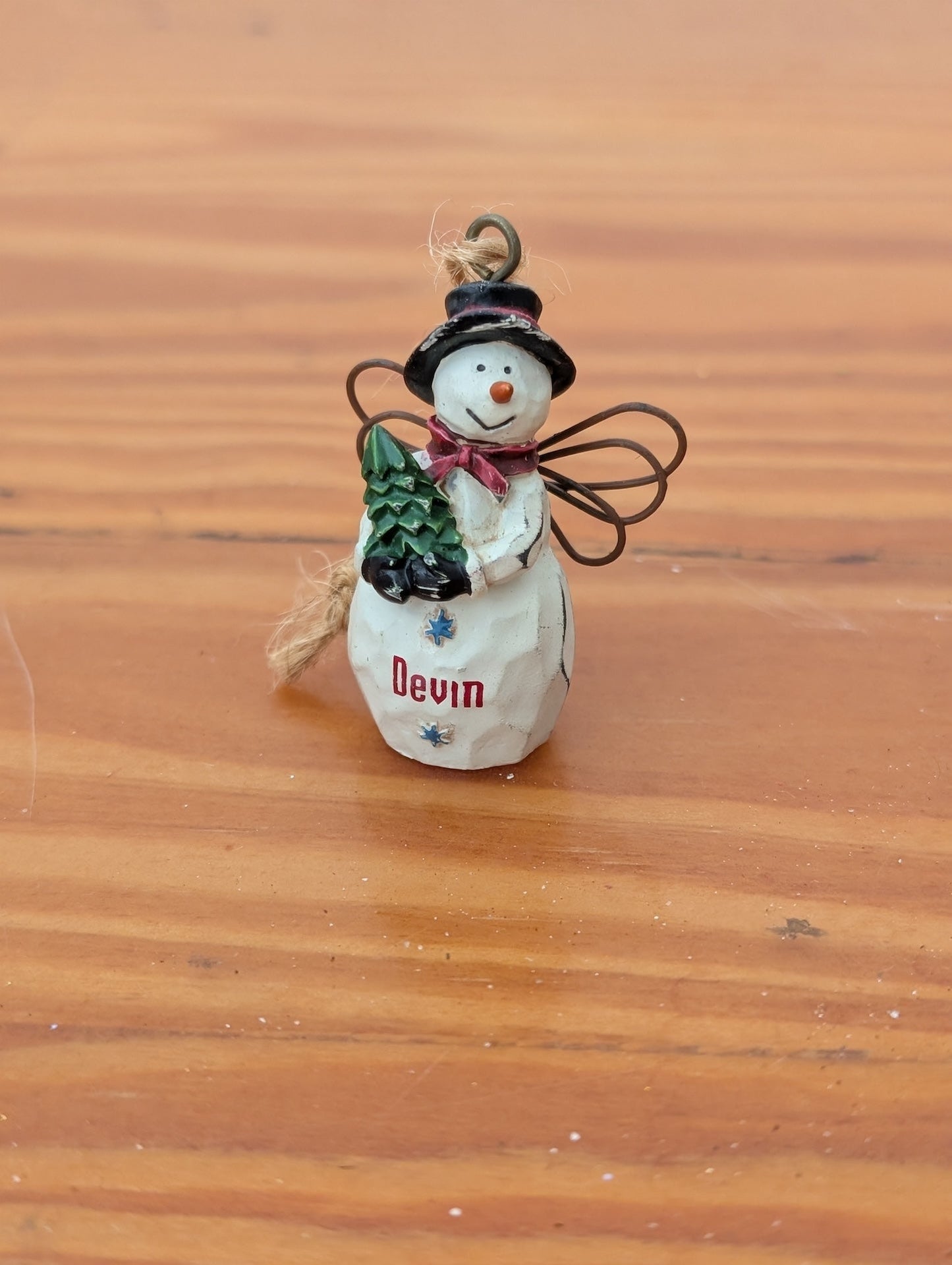 Personalized Snowman Angel Ornament from Unknown - Ornaments (Wood, Metal Wire Ornament, Rustic, Folk Art, White, Black, Red, Green)
