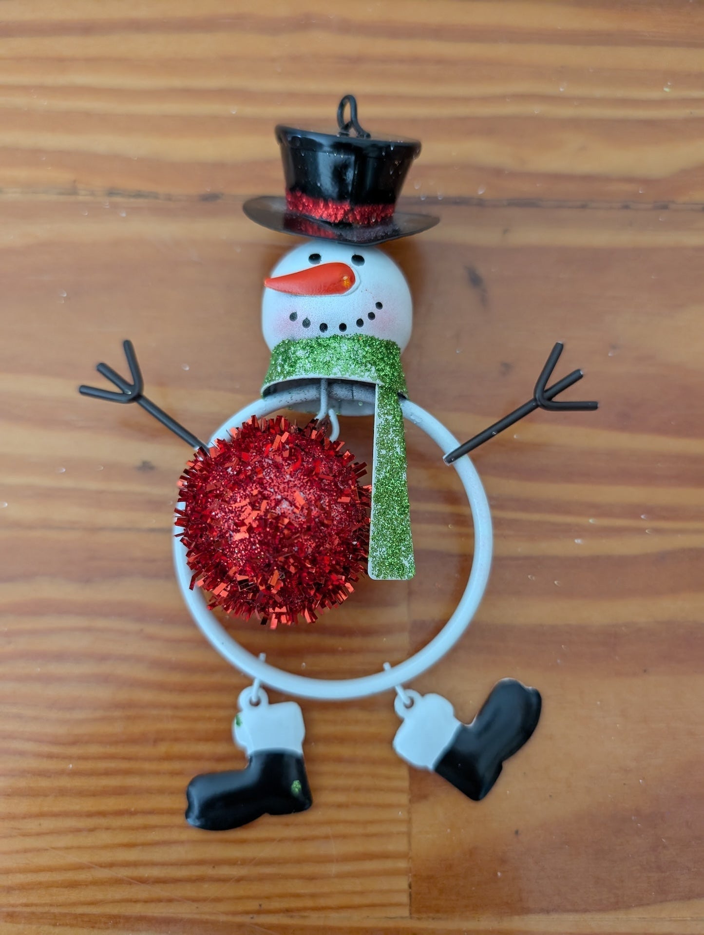 Metal Articulated Snowman Ornament from Unknown - Ornaments (Metal, Tinsel Ornament, Rustic, Whimsical, White, Black, Red, Green)