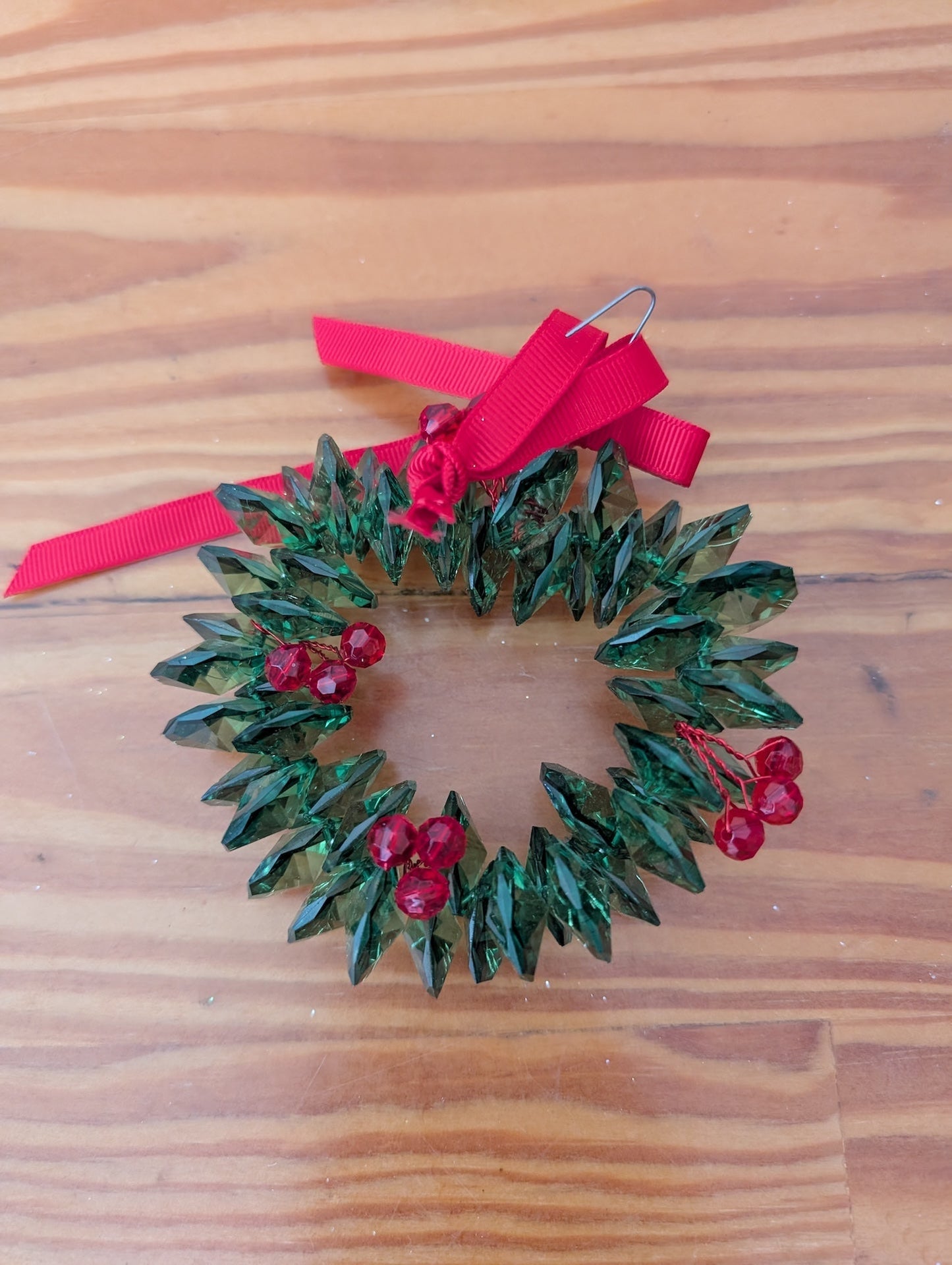 Acrylic Crystal Wreath Ornament from Unknown - Ornaments (Acrylic, Ribbon Ornament, Traditional, Glam, Green, Red)
