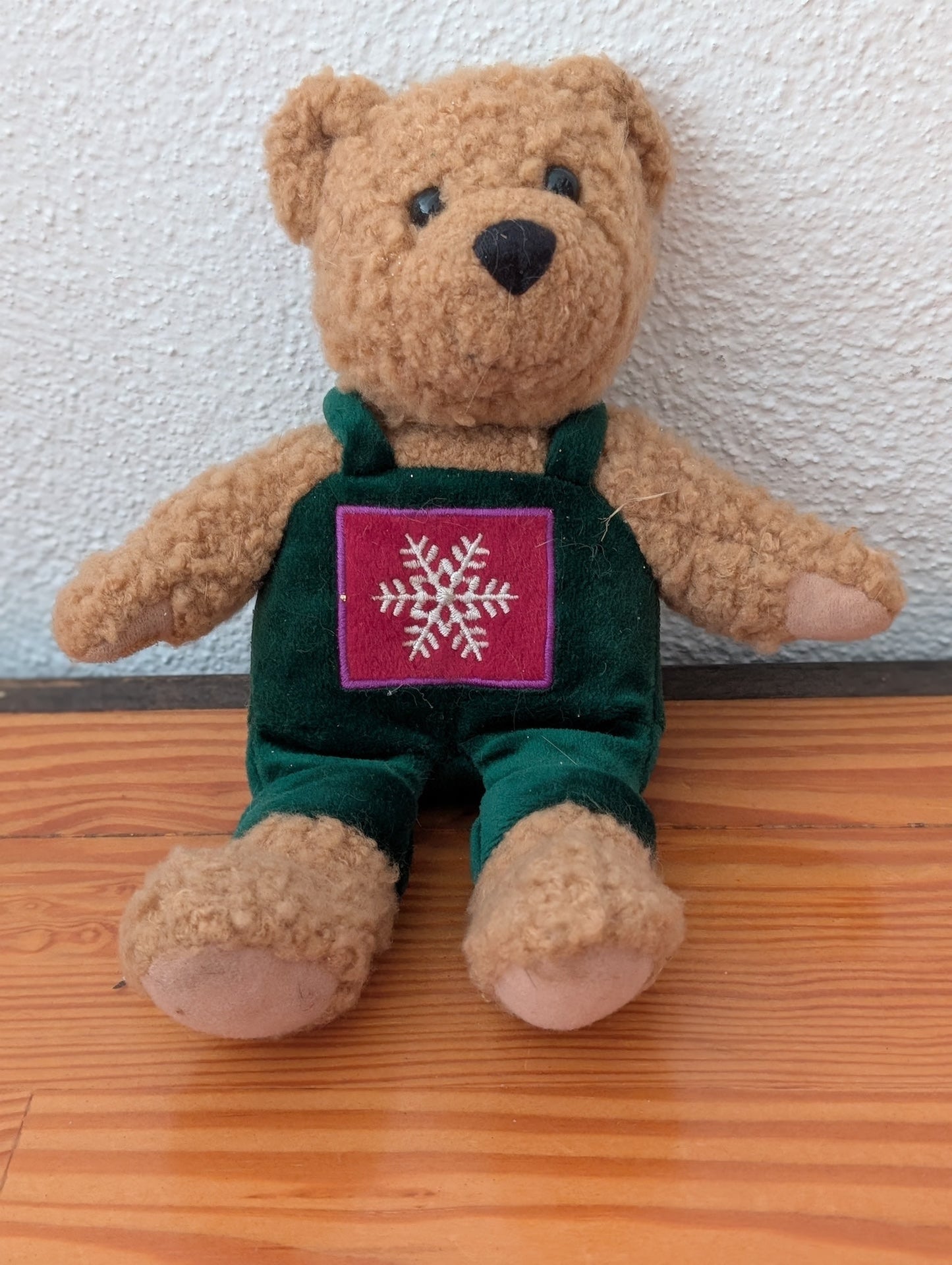 Teddy Bear in Snowflake Overalls from Unknown - Holiday Decor (Fabric, Velvet Toy / Decor, Traditional, Kids, Rustic, Brown, Green, White)