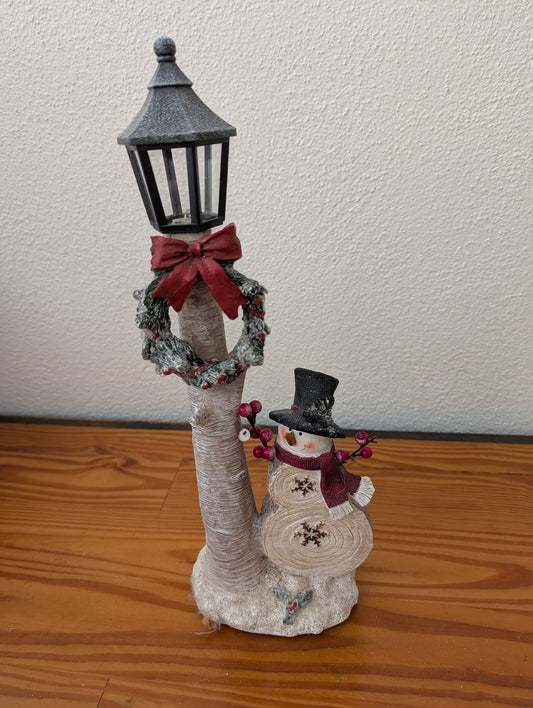Snowman with Birch Lamppost from Unknown - Holiday Decor (Resin Figurine, Rustic, Farmhouse, Cabin, White, Brown, Black, Red)