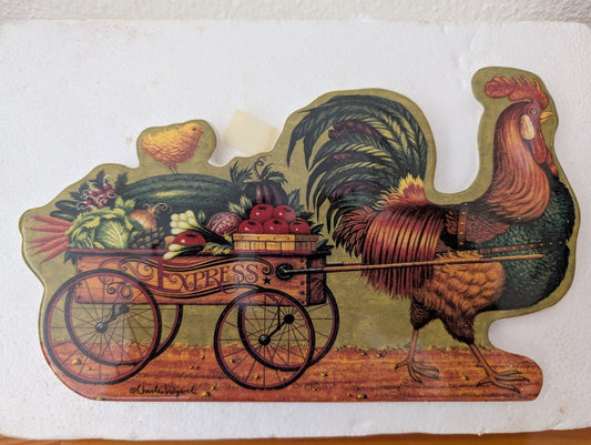 Rooster and Vegetable Cart from Unknown - Wall Decor (Wood (MDF), Decoupage Wall Plaque, Farmhouse, Country, Kitchen, Green, Red, Brown, Yellow)