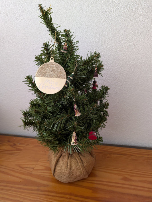 Mini Christmas Tree with Ornaments from Unknown - Holiday Decor (PVC, Burlap, Plastic Tabletop Christmas Tree, Christmas, Farmhouse, Rustic, Green, Gold)