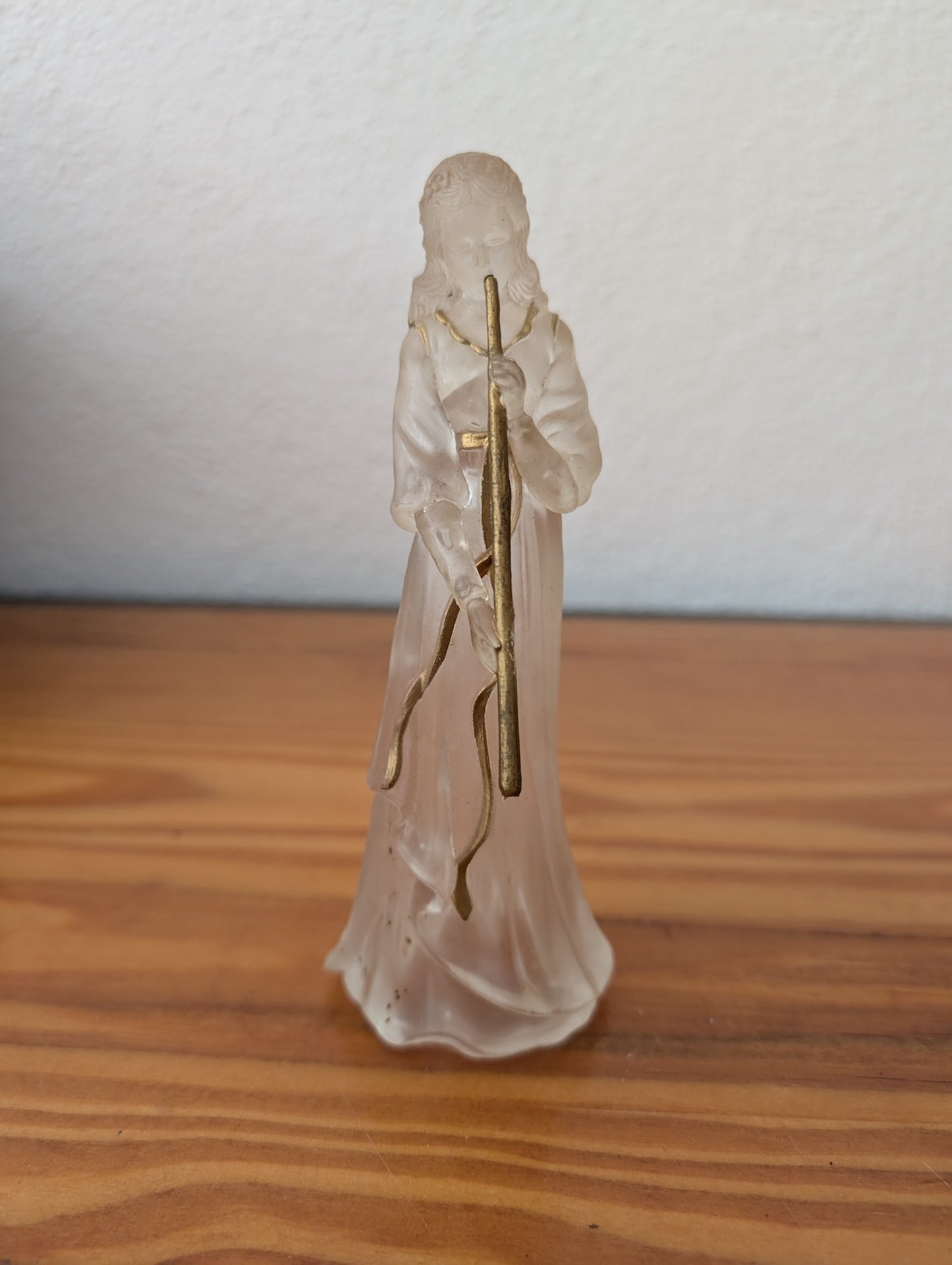 Frosted Glass Angel with Flute from Unknown - Holiday Decor (Glass Figurine, Angelic, Traditional, Frosted Clear, Gold)