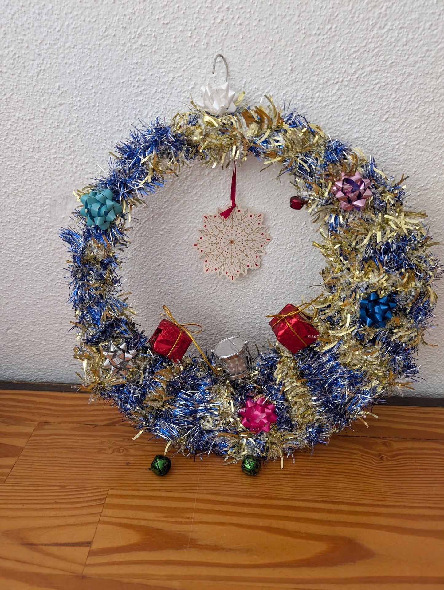 Tinsel Wreath from Unknown - Holiday Decor (Tinsel, Wireframe, Plastic Wreath, Handmade, Craft, Kitsch, Blue, Gold, Multicolor)