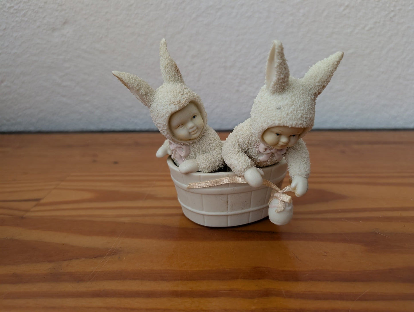 Babies in Bunny Suits Figurine from Unknown - Decorative Object (Ceramic, Flocking Figurine, Whimsical, Nursery, Easter, Cream, White)