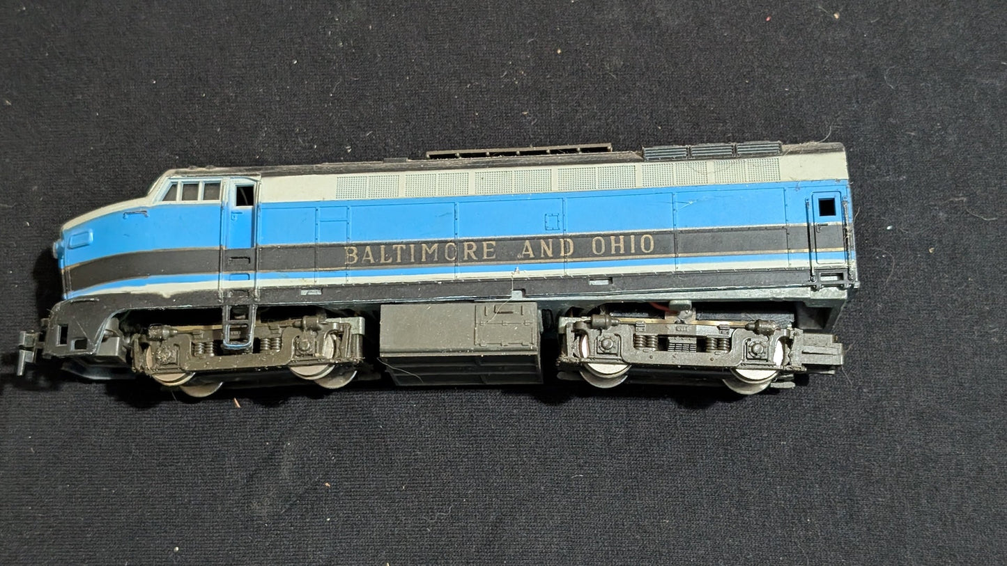 Baltimore & Ohio F-Unit Diesel Locomotive likely from Life-Like/Model Power - 1970s-1980s HO Scale Model Train (Plastic, Metal Diesel Locomotive, Blue, Grey, Black)