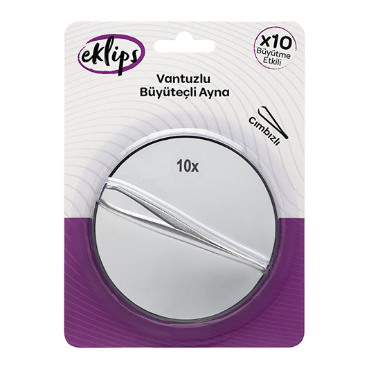 Eklips 10x Magnifying Mirror and Tweezers Set - Suction Cup Grooming Kit for Eyebrow Shaping