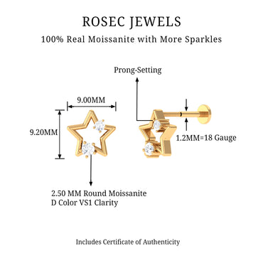 Certified Moissanite Star Shaped Earring for Upper Lobe Piercing