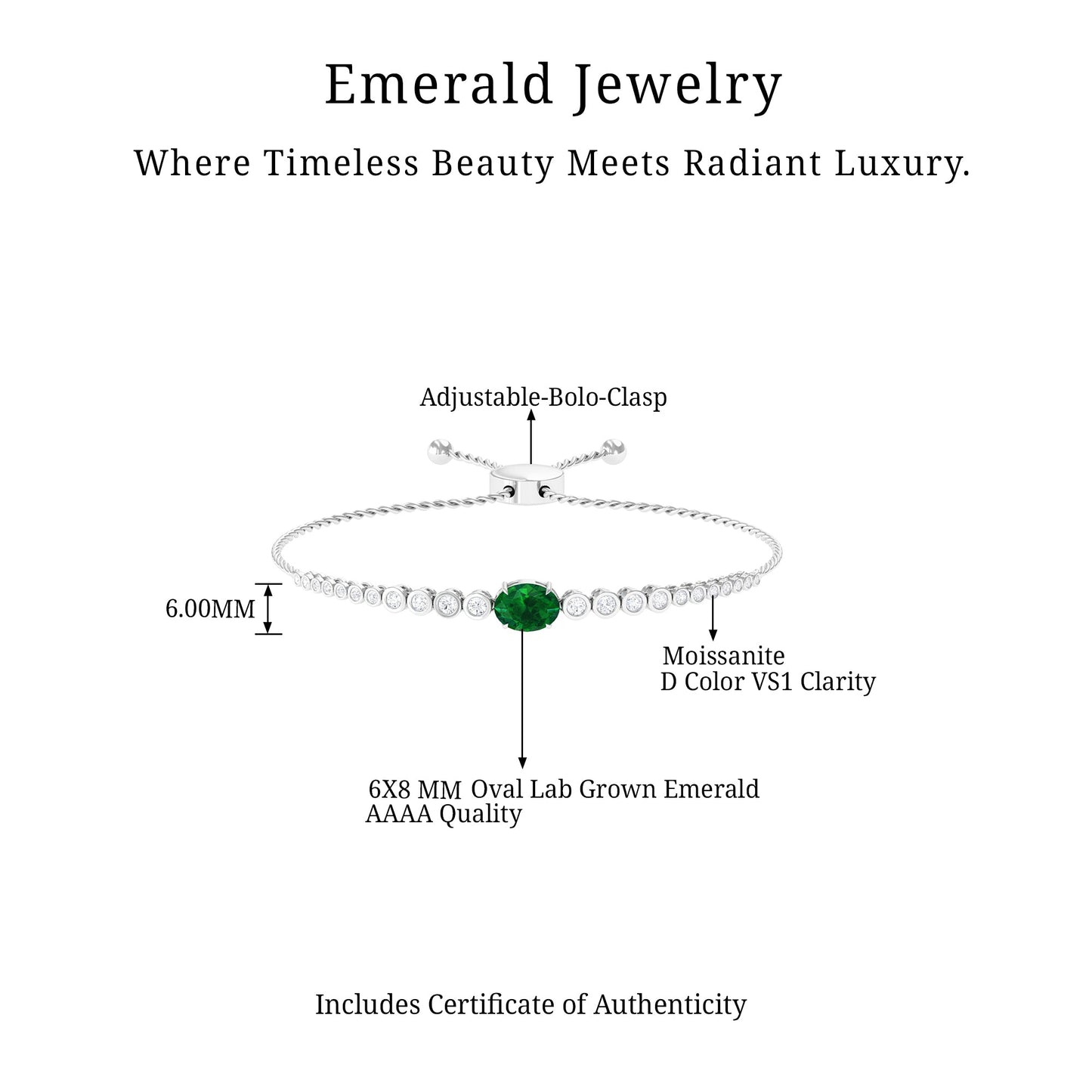 Certified 1.2 Carat Oval Lab Grown Emerald Bolo Bracelet with Diamond