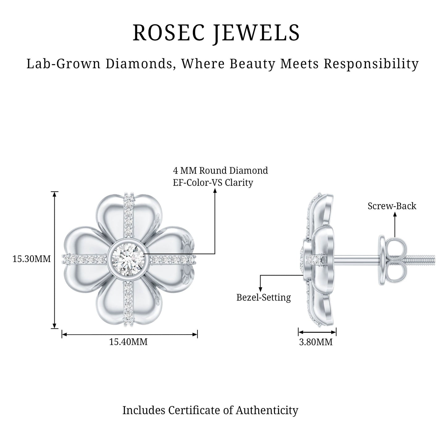 Lab Grown Diamond Flower Stud Earrings With Screw Back