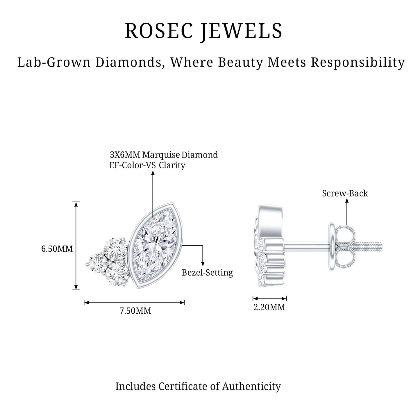 Bezel Set Lab Marquise Diamond Stud Earrings