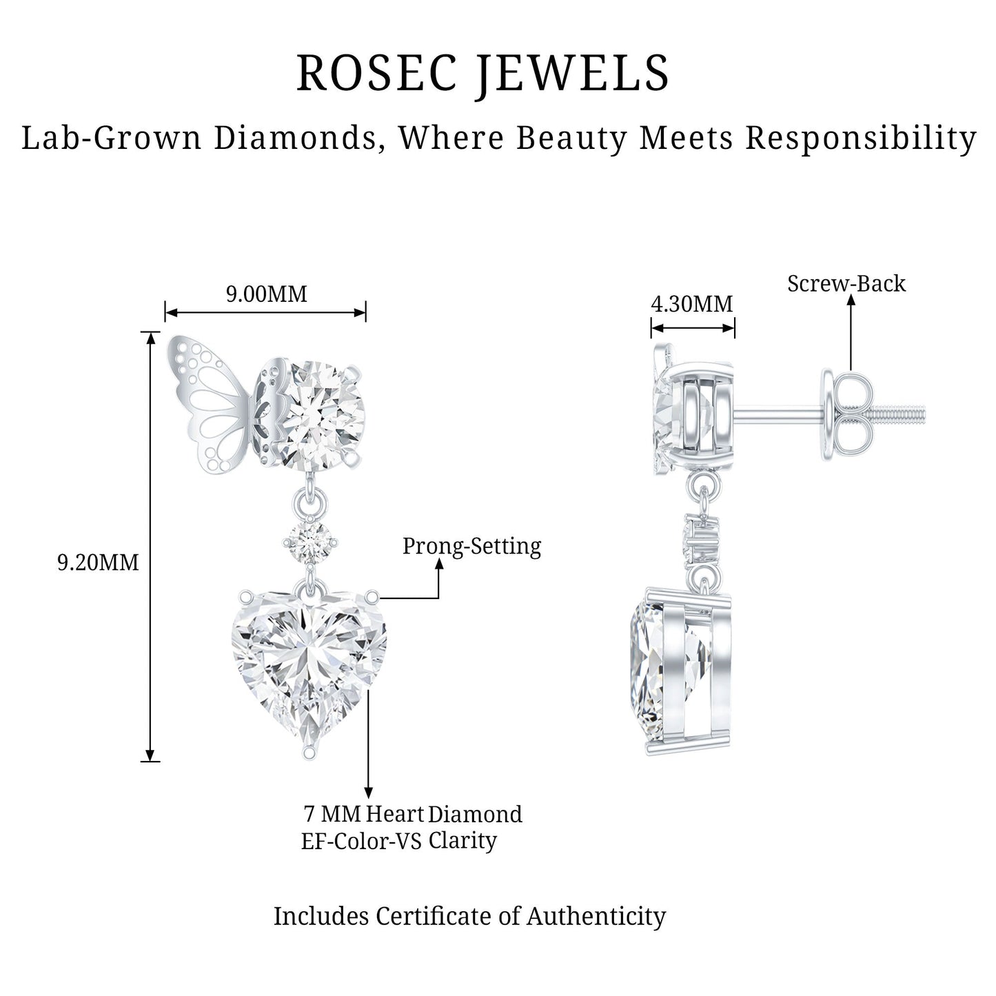 Heart Shaped Lab Grown Diamond Butterfly Drop Earrings
