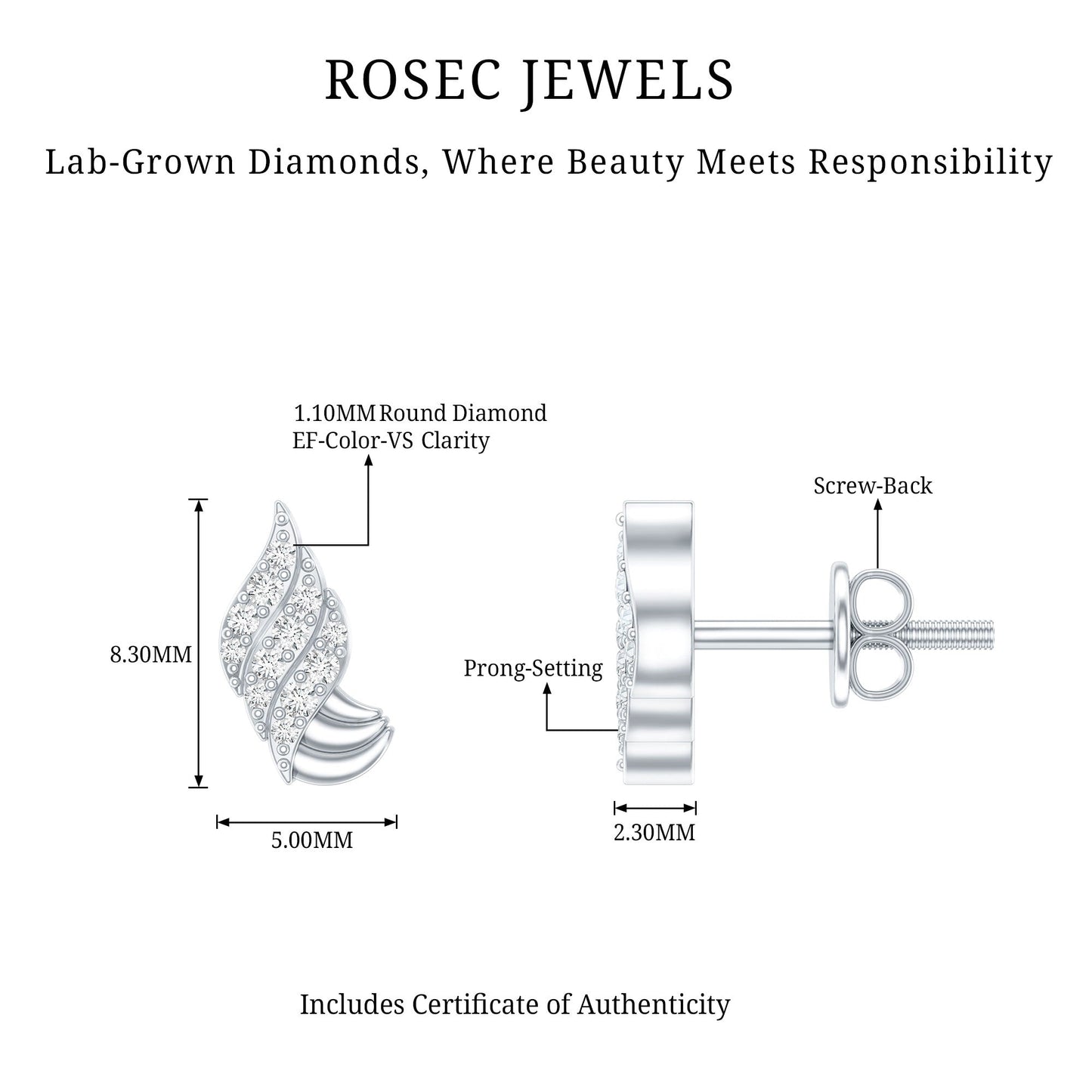 Certified Lab Grown Diamond Leaf Stud Earrings With Screw Back