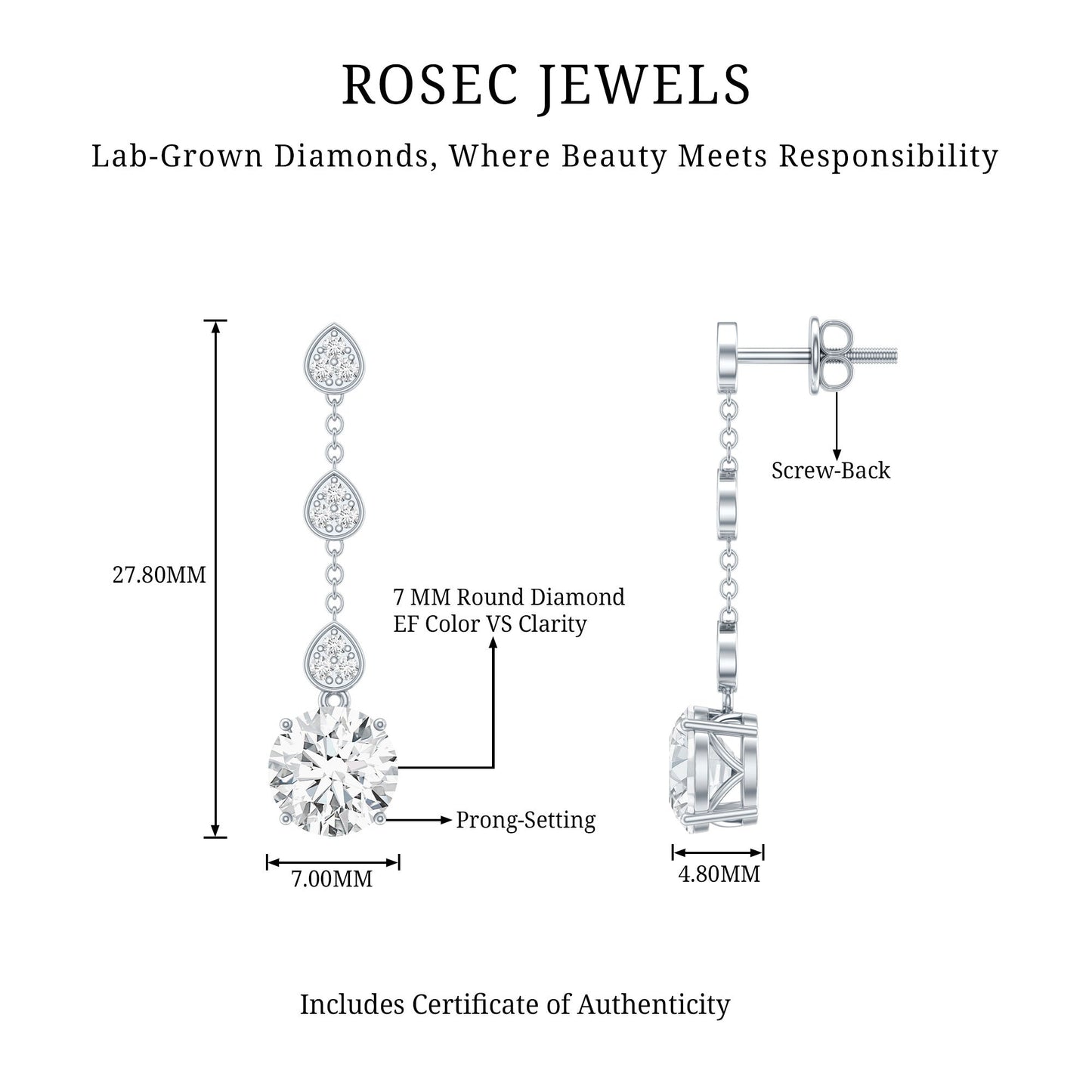 Certified Lab 2.5 Carat Round Diamond Dangle Chain Earrings