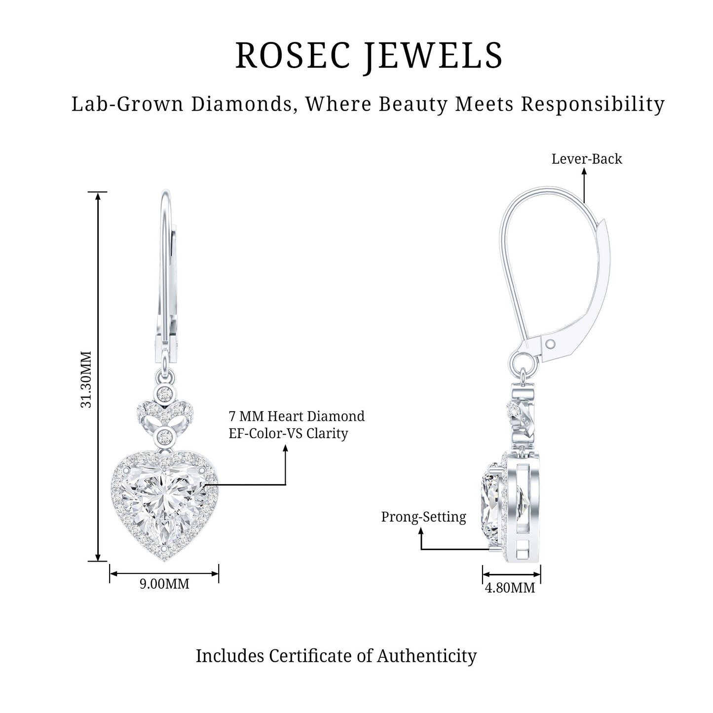 Certified 2.5 Carat Lab Grown Diamond Heart Drop Earrings